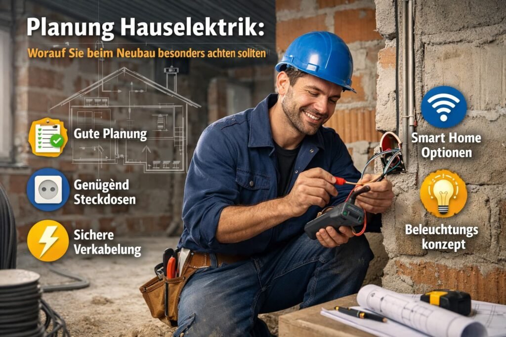 Elektriker installiert Hausverkabelung beim Neubau mit Fokus auf Planung, Sicherheit und moderne Smart-Home-Technik