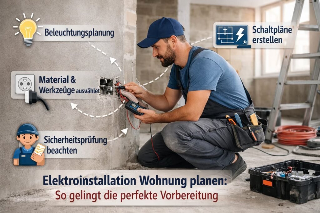 Elektriker bei der Elektroinstallation in einer Wohnung mit Planungssymbolen und Werkzeugen