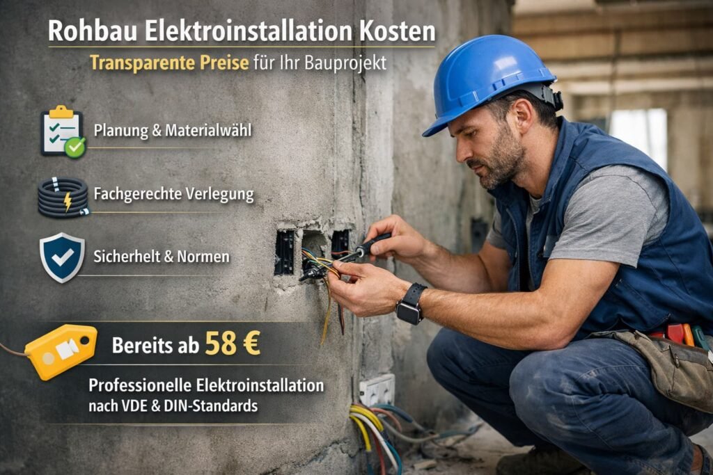 Elektriker bei der Rohbau Elektroinstallation mit transparenten Kosten und modernen Sicherheitsstandards