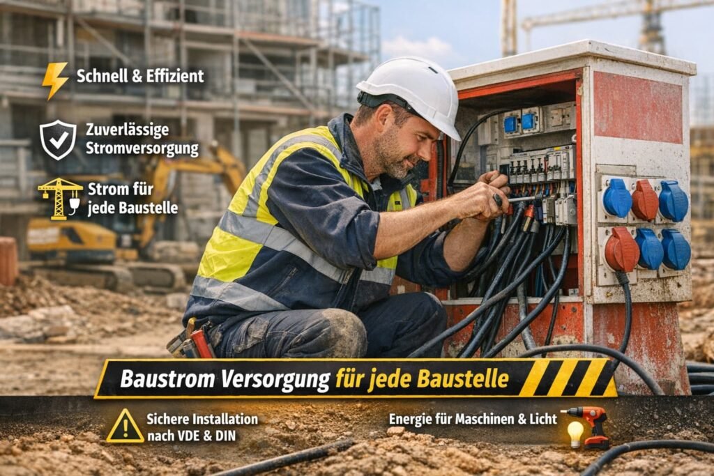 Elektriker arbeitet an Baustromverteiler auf Baustelle – schnelle und zuverlässige Stromversorgung