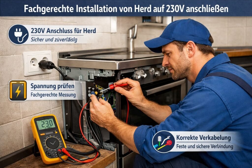 Fachgerechte Installation eines Herdes an 230V durch Elektriker mit Spannungsprüfung und sicherer Verkabelung