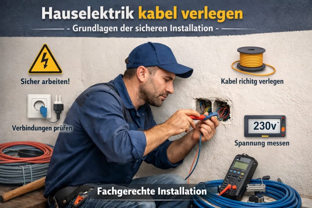 Elektriker verlegt Kabel in der Hauselektrik und prüft sichere Installation mit Werkzeug und Spannungsmessgerät