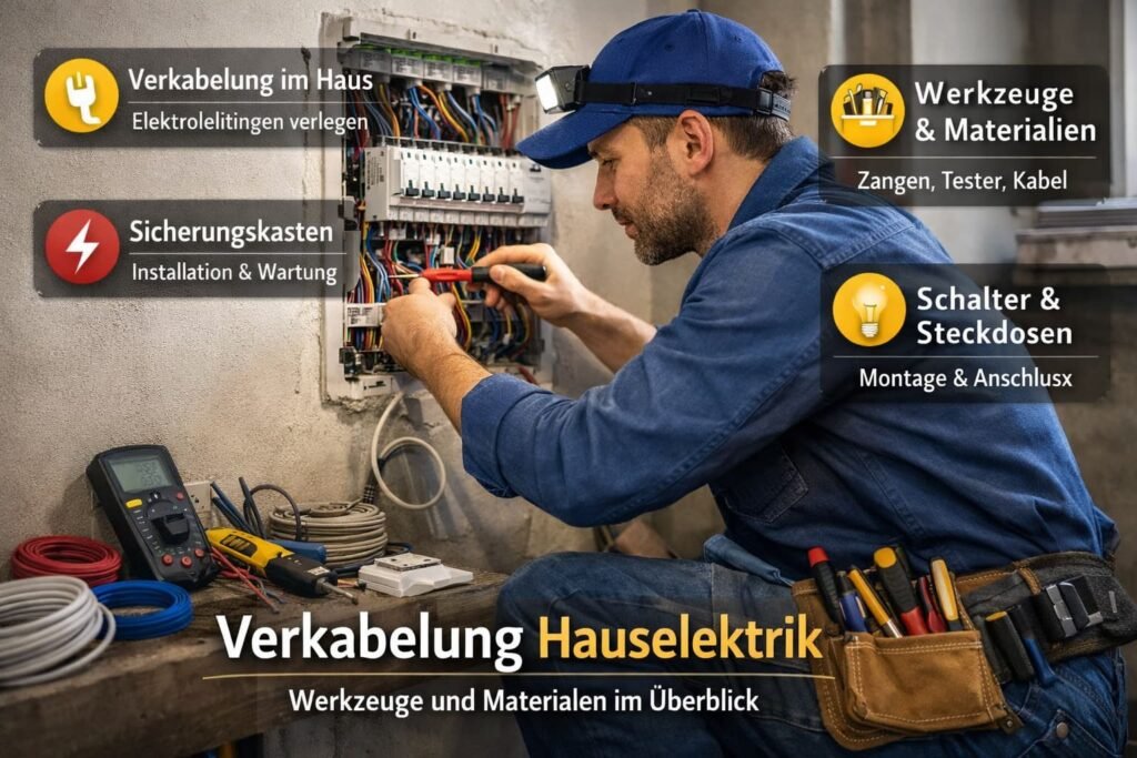 Elektriker bei der Hauselektrik-Verkabelung – Werkzeuge und Materialien im Einsatz