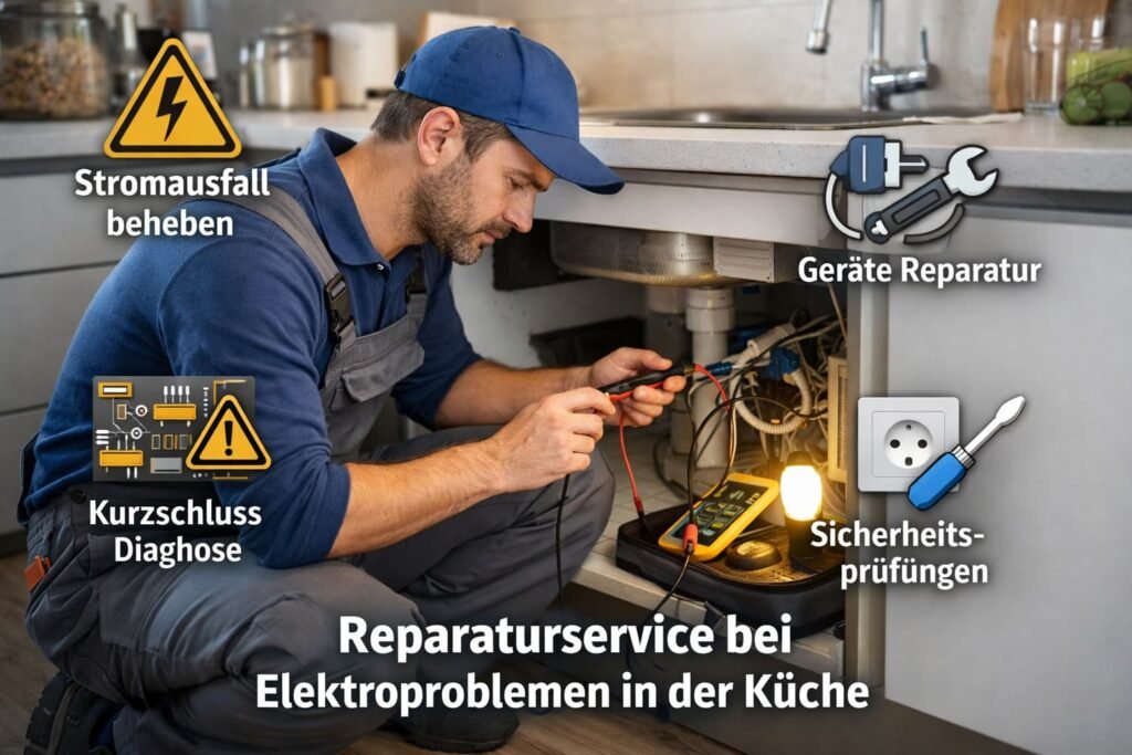 Elektriker repariert Küchen-Elektroproblem mit Messgerät und Sicherheitsprüfung