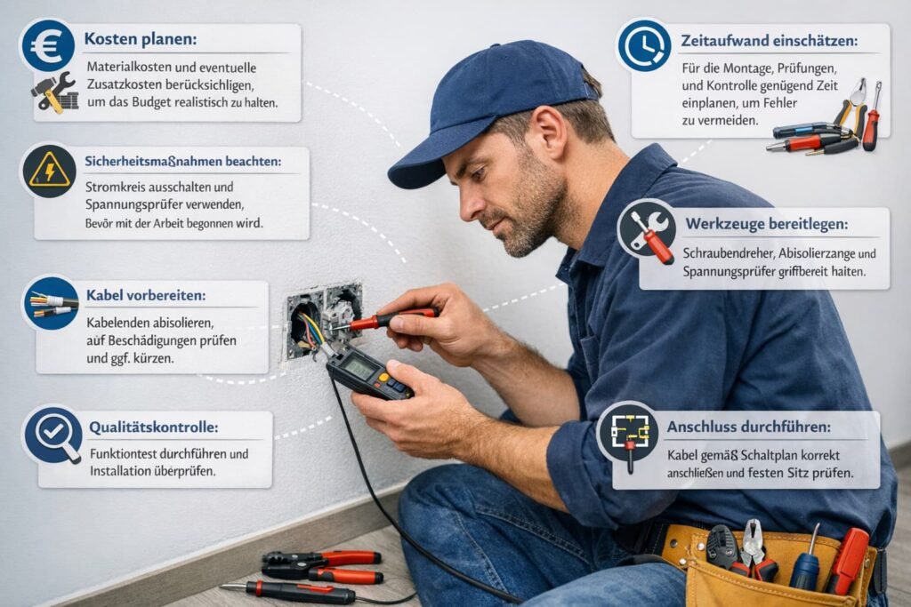 Elektriker installiert Lichtschalter sicher und professionell mit Werkzeugen und elektrischen Symbolen