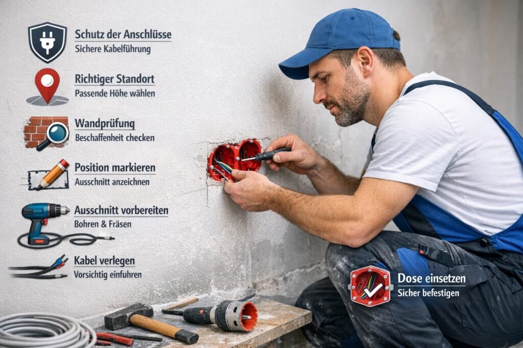 Elektriker installiert Unterputzdose in Wand mit Werkzeug und Kabeln für sichere Elektroinstallation