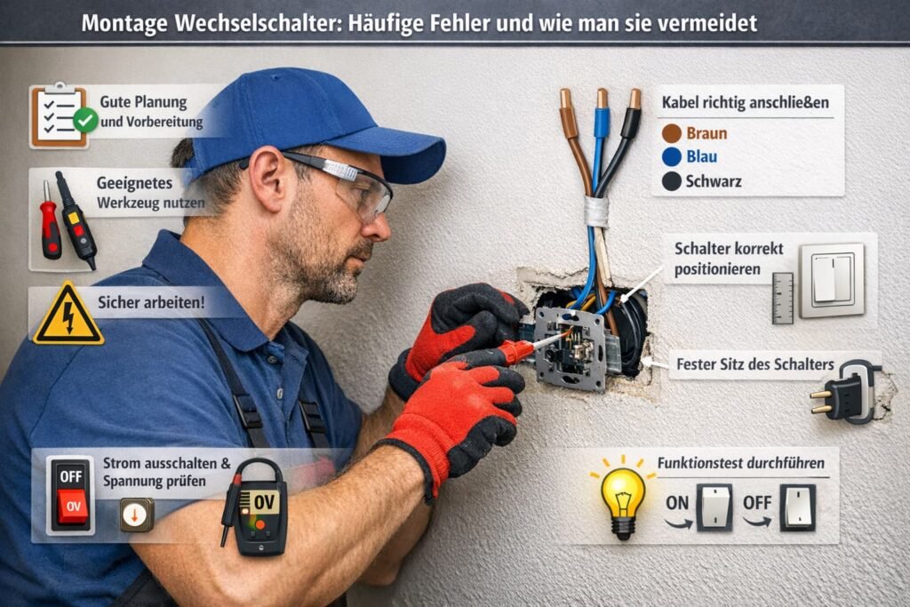 Elektriker montiert Wechselschalter sicher – typische Fehler vermeiden bei Lichtschalter Installation