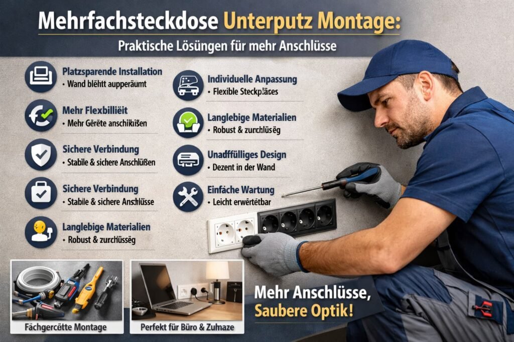 Elektriker installiert Mehrfachsteckdose Unterputz – moderne, sichere Elektroinstallation für mehrere Anschlüsse