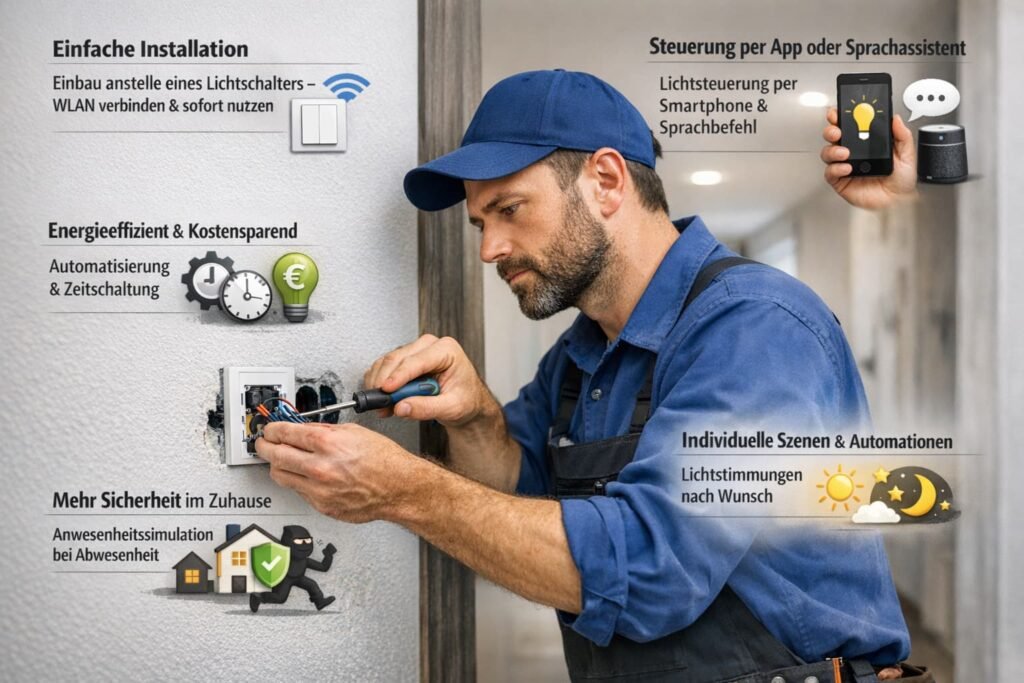 Elektriker installiert smarten Lichtschalter mit WLAN-Steuerung und modernen Elektro-Icons