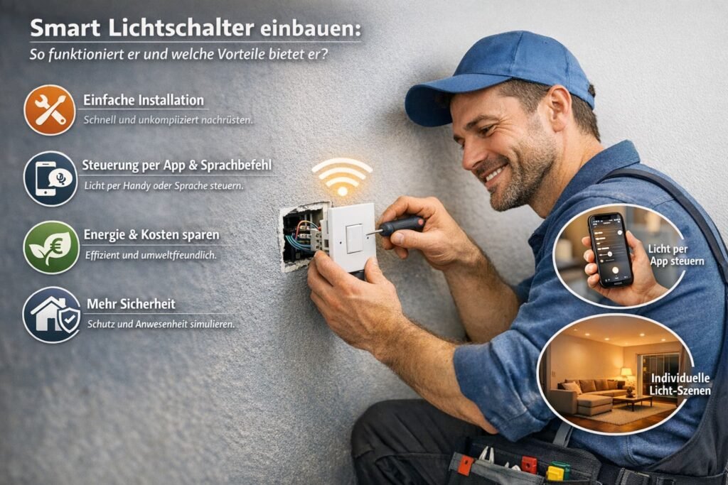 Elektriker installiert einen Smart Lichtschalter an der Wand mit Symbolen für App-Steuerung, Energieeffizienz und Sicherheit