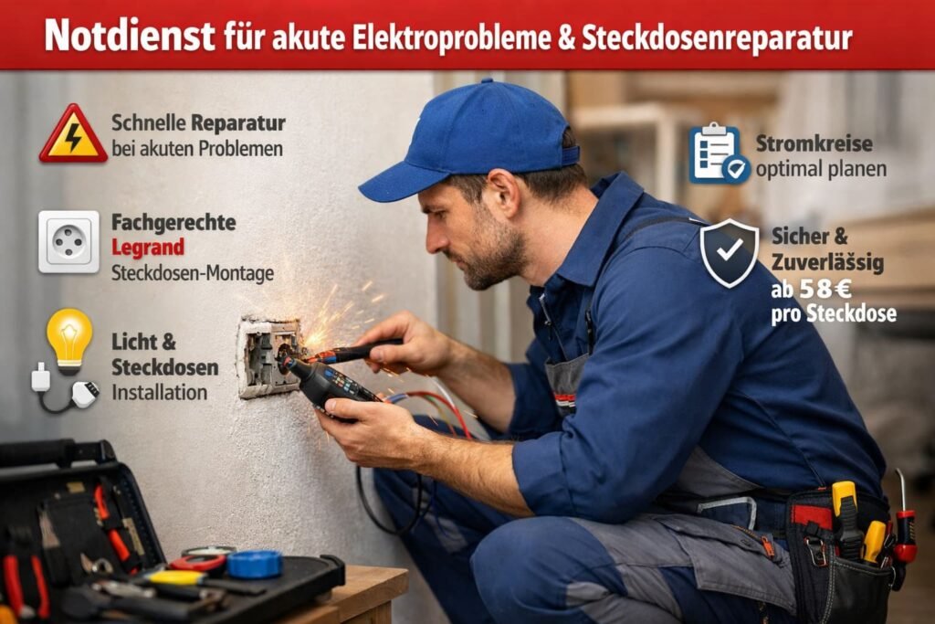 Elektriker im Einsatz bei Steckdosenreparatur – Notdienst für akute Elektroprobleme in Deutschland