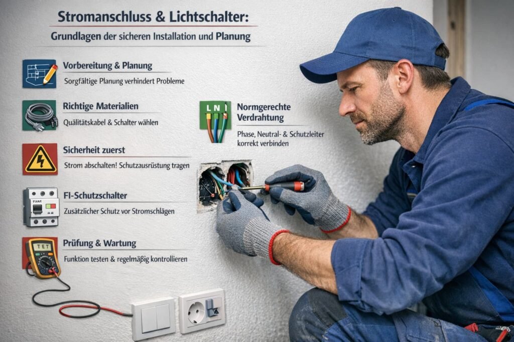 Elektriker installiert Lichtschalter sicher – Stromanschluss Planung und Verdrahtung im Haus