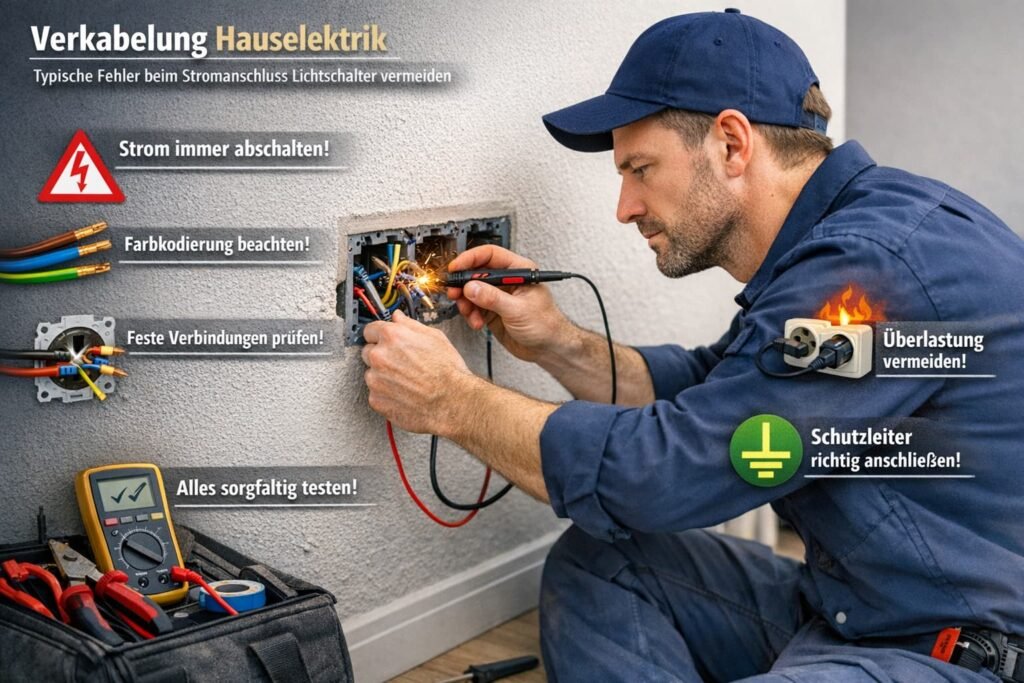 Elektriker repariert Lichtschalter und überprüft Hauselektrik – typische Fehler beim Stromanschluss vermeiden