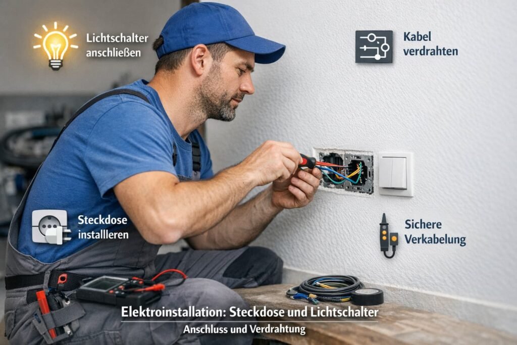 Deutscher Elektriker installiert Steckdose und Lichtschalter – professionelle Elektroinstallation und Verdrahtung