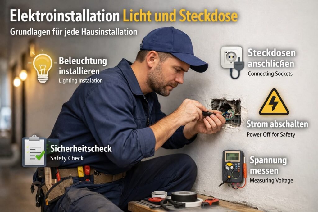 Deutscher Elektriker installiert Steckdose und Licht – Grundlagen der Elektroinstallation im Haus