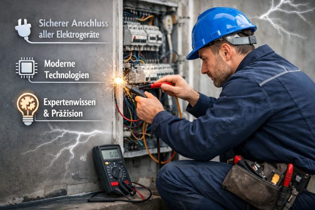Elektriker bei der Reparatur eines Stromkastens mit moderner Technik und sicherem Anschluss aller Elektrogeräte