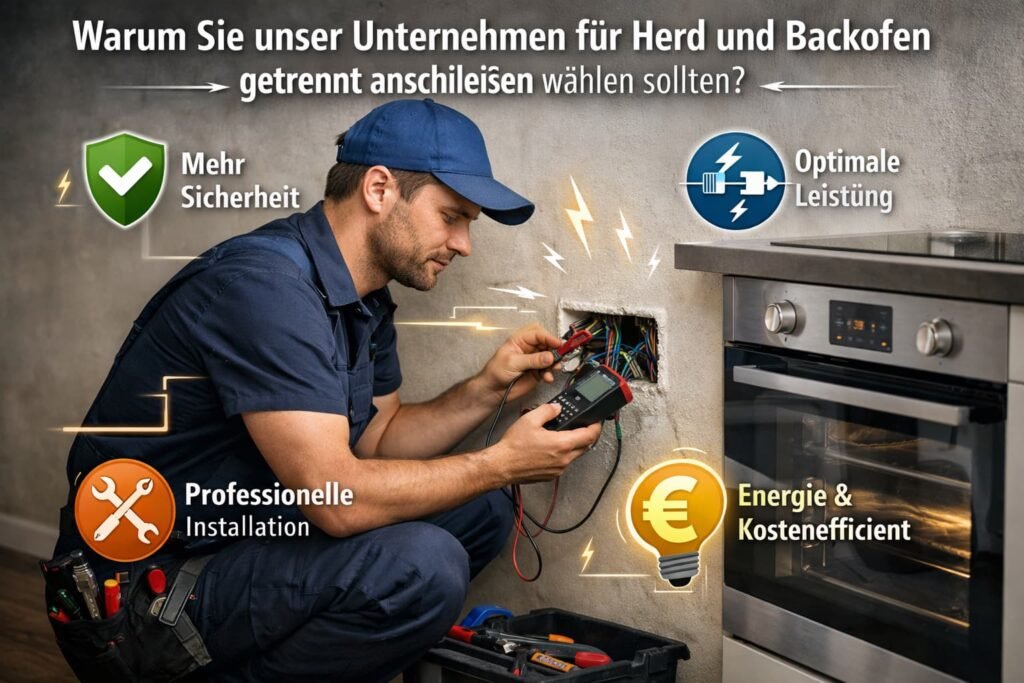Elektriker installiert Herd und Backofen getrennt, professionelle Elektroinstallation für mehr Sicherheit und optimale Leistung
