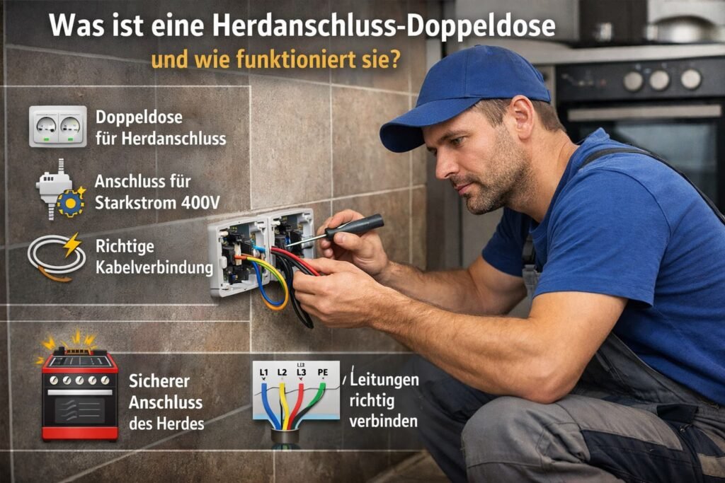 Elektriker installiert Herdanschluss-Doppeldose mit Starkstromkabeln und erklärt Funktion und Anschluss korrekt
