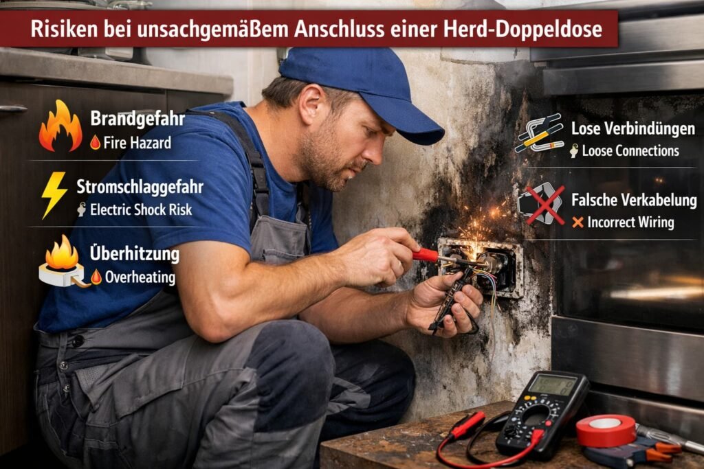 Elektriker repariert Herd-Doppeldose mit Funken – Risiken durch falschen Anschluss und Stromschlaggefahr