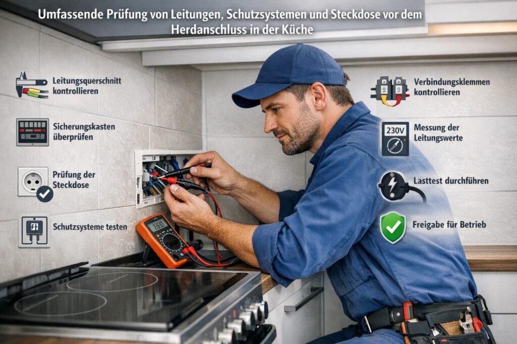 Elektriker prüft Herdanschluss, Leitungen und Steckdose in moderner Küche für sichere Installation