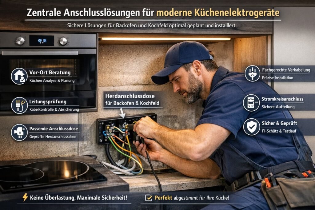 Elektriker installiert Herdanschlussdose für Backofen und Kochfeld in moderner Küche mit Sicherheitsprüfung und Verkabelung