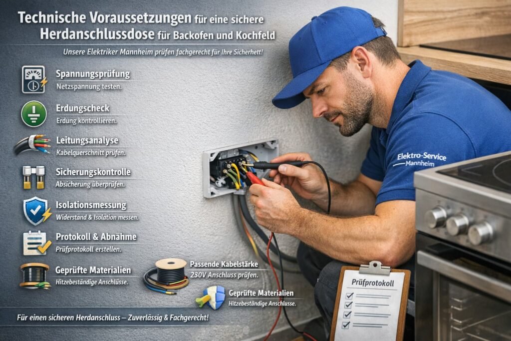 Elektriker prüft Herdanschlussdose für Backofen und Kochfeld – sichere Installation und Elektroprüfung in Mannheim