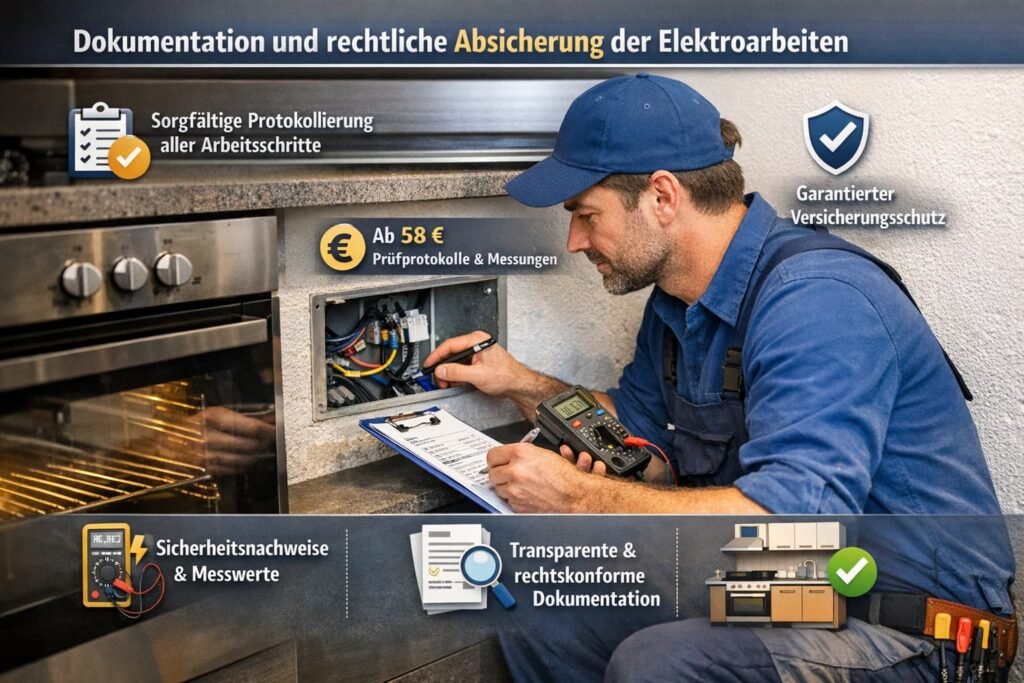 Elektriker in Mannheim prüft Herdanschlusskabel und dokumentiert Elektroinstallation fachgerecht mit Messgerät und Prüfprotokoll