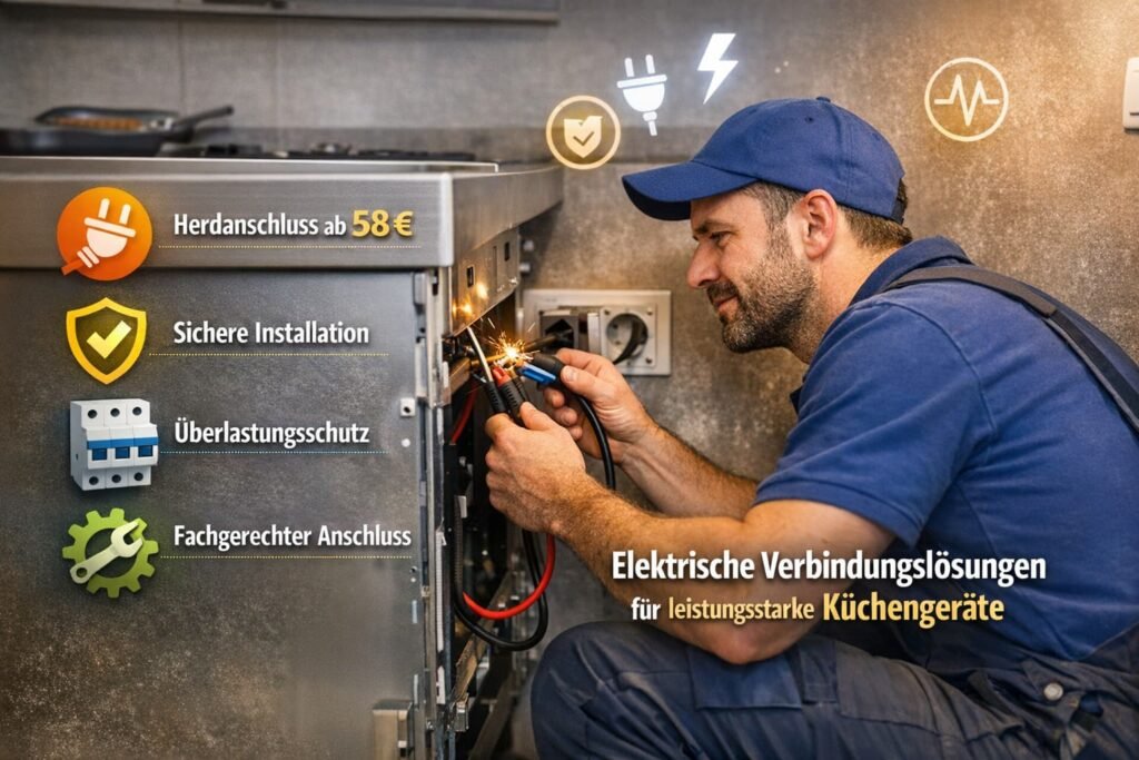 Deutscher Elektriker installiert Herdanschlusskabel in moderner Küche mit sicheren elektrischen Verbindungen