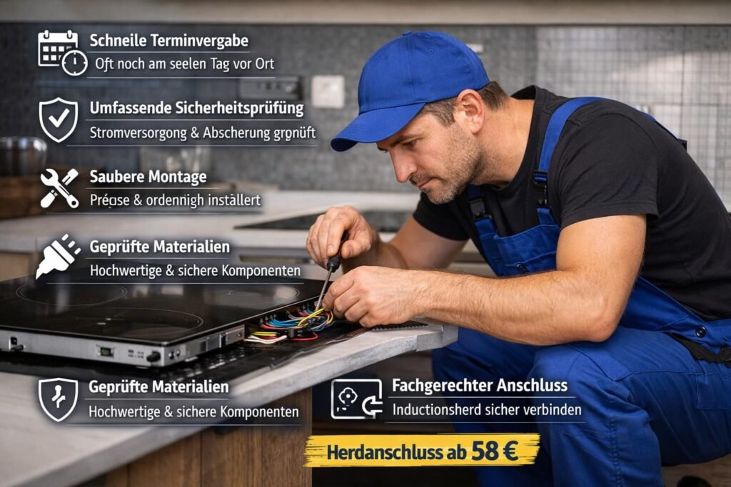 Elektriker installiert fachgerecht einen Induktionsherd in moderner Küche