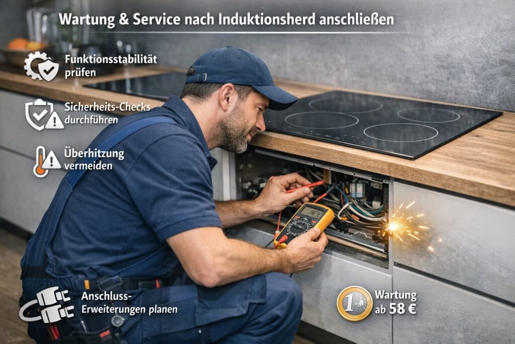 Elektriker prüft Induktionsherd Anschluss und Wartung in moderner Küche