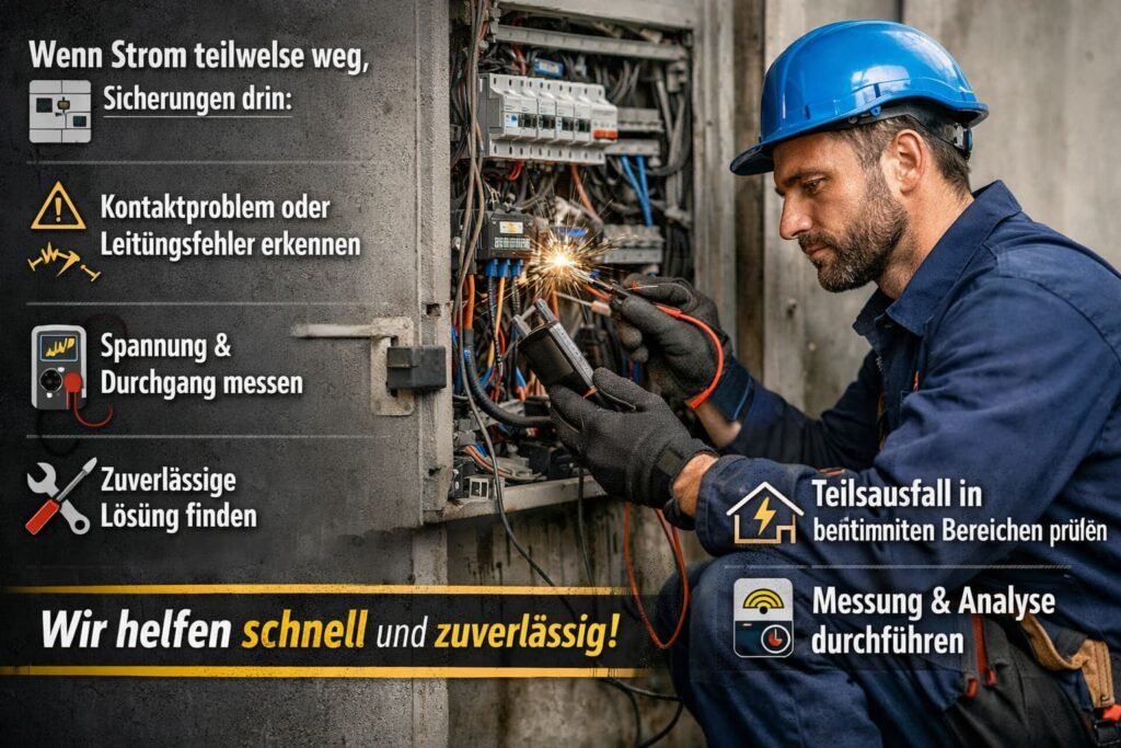 Elektriker prüft Stromausfall im Sicherungskasten und behebt Leitungsfehler schnell und zuverlässig