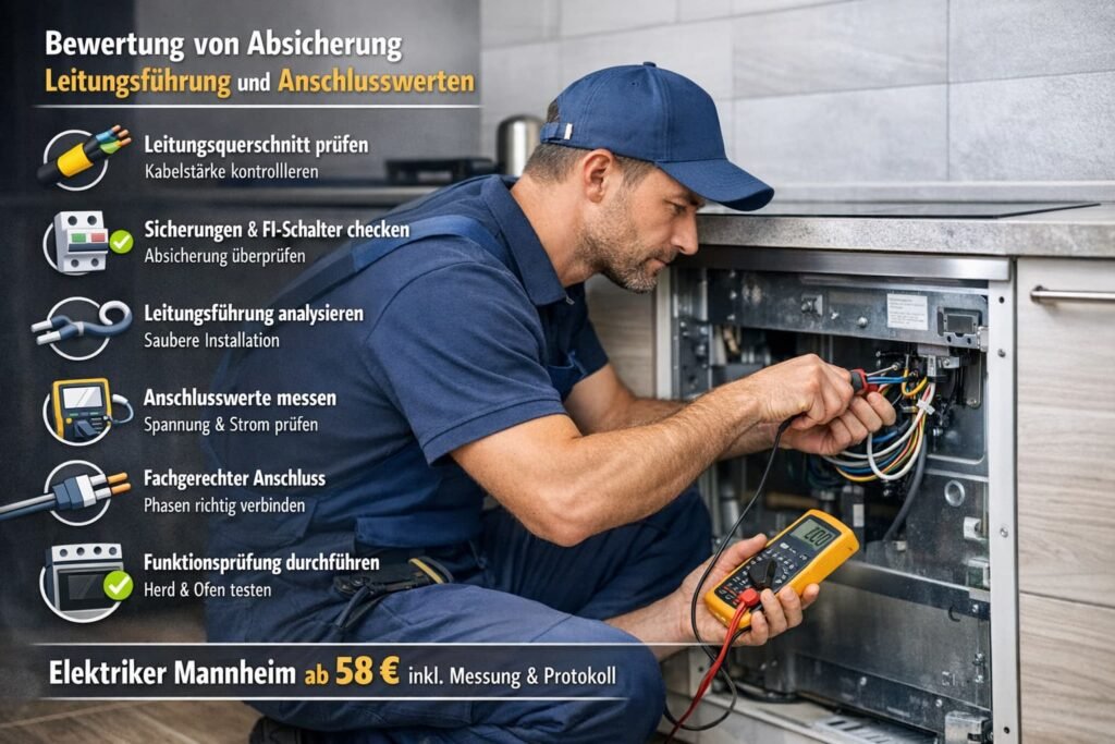 Elektriker prüft Herdanschluss, Absicherung und Leitungsführung für sicheren Stromanschluss in Mannheim