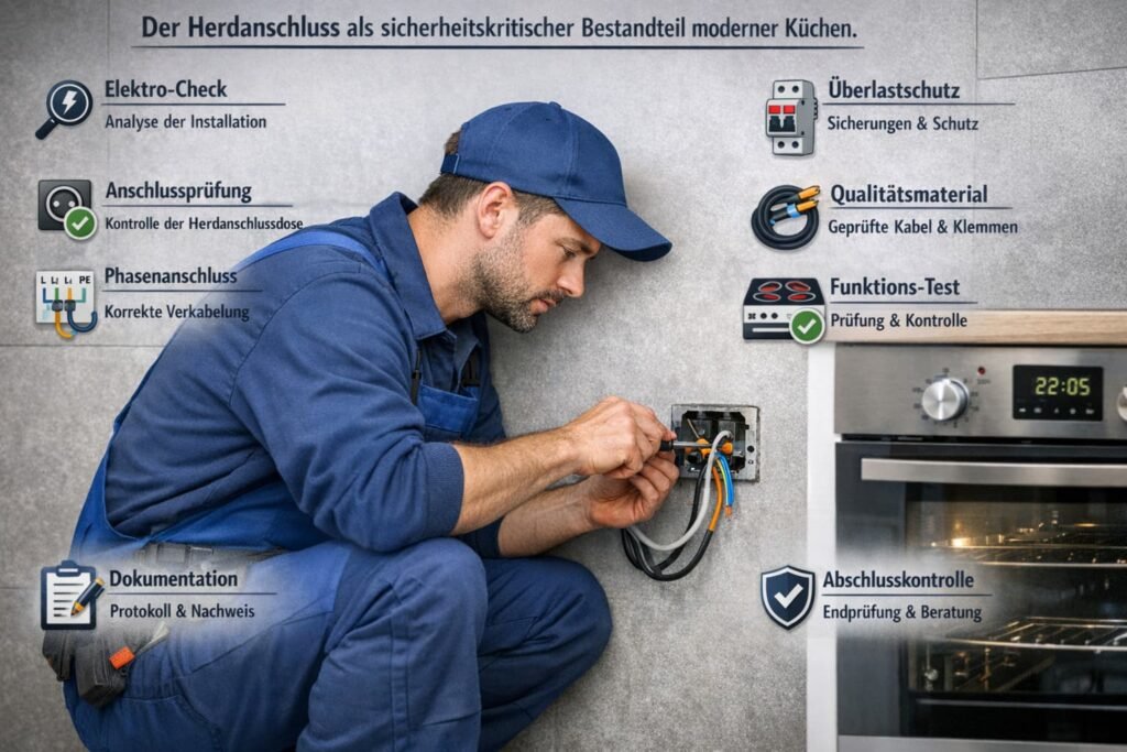 Elektriker beim sicheren Herdanschluss in moderner Küche mit Prüfung der Elektroinstallation und VDE-konformer Installation