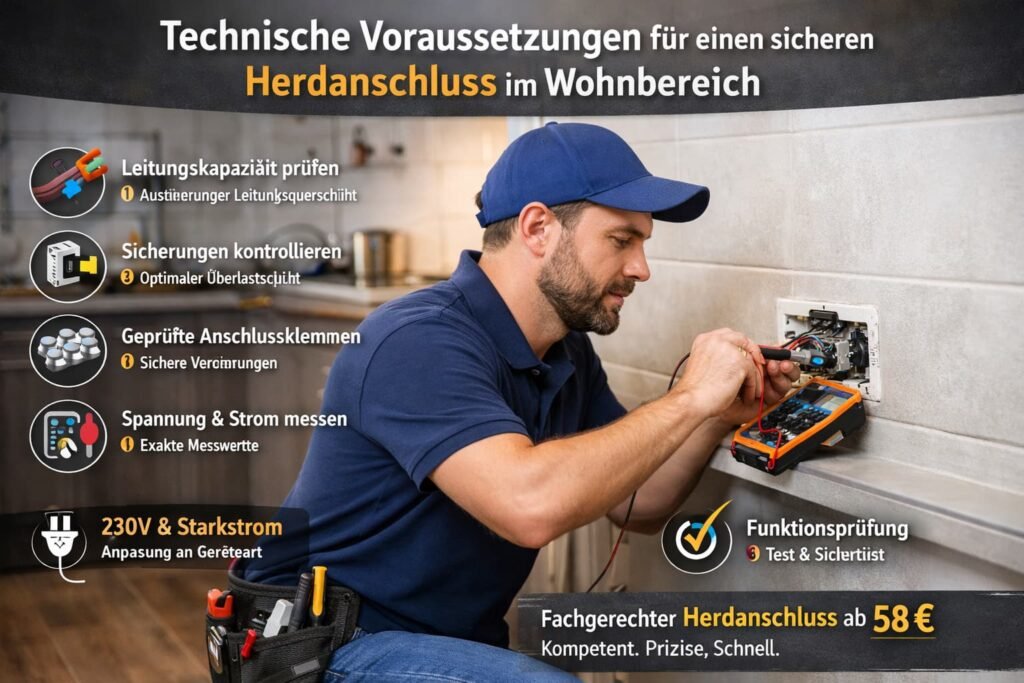 Techniker überprüft sicheren Herdanschluss in der Küche mit Messgerät und elektrischen Symbolen