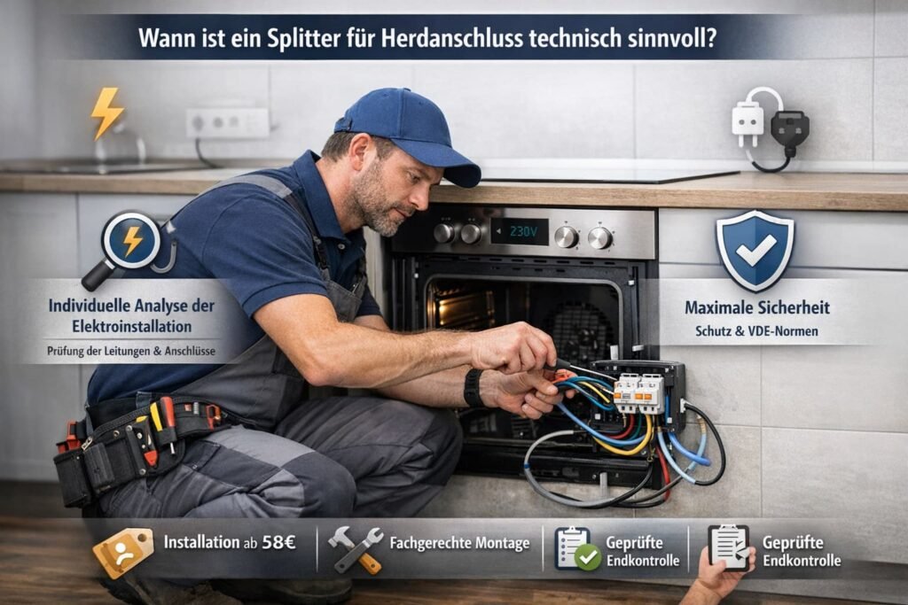 Elektriker installiert Herdanschluss-Splitter in moderner Küche für sichere Stromverteilung und VDE-konforme Installation