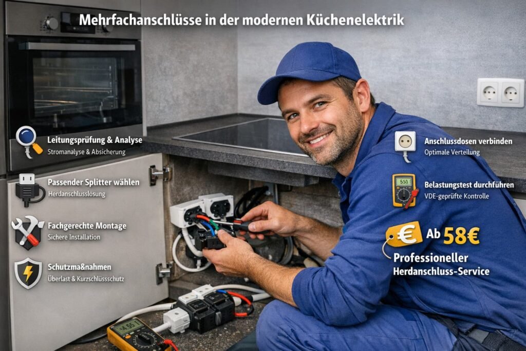 Elektriker installiert Herdanschluss in moderner Küche mit Splitter und prüft sichere Stromverteilung