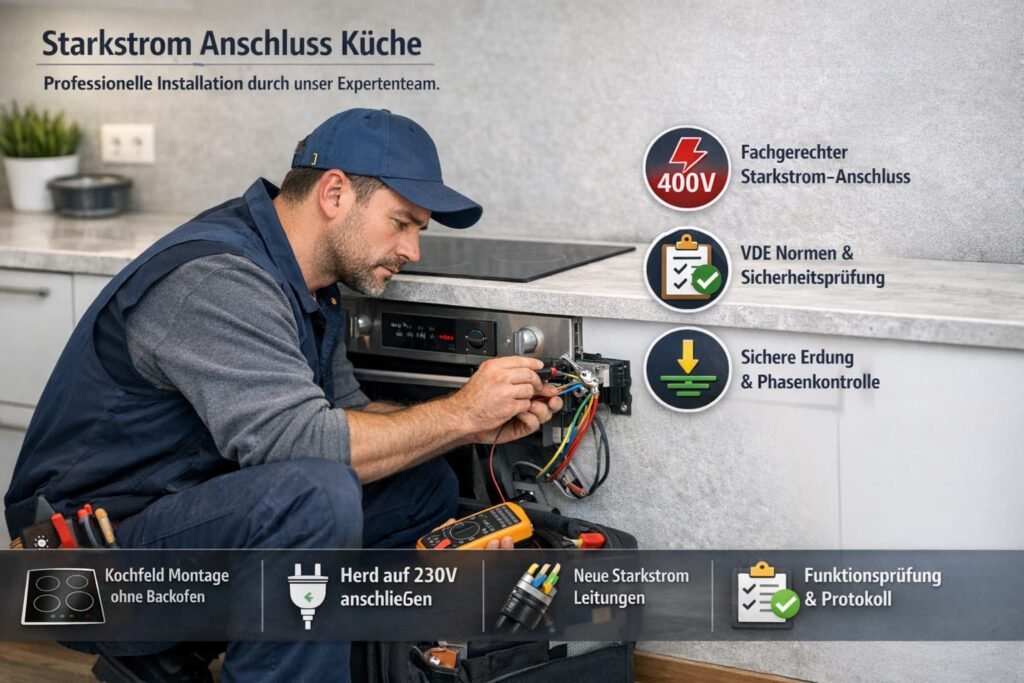 Starkstrom Anschluss Küche durch Elektriker Mannheim – professionelle Installation von Herd und Ceranfeld mit sicherer Verkabelung und VDE-Prüfung