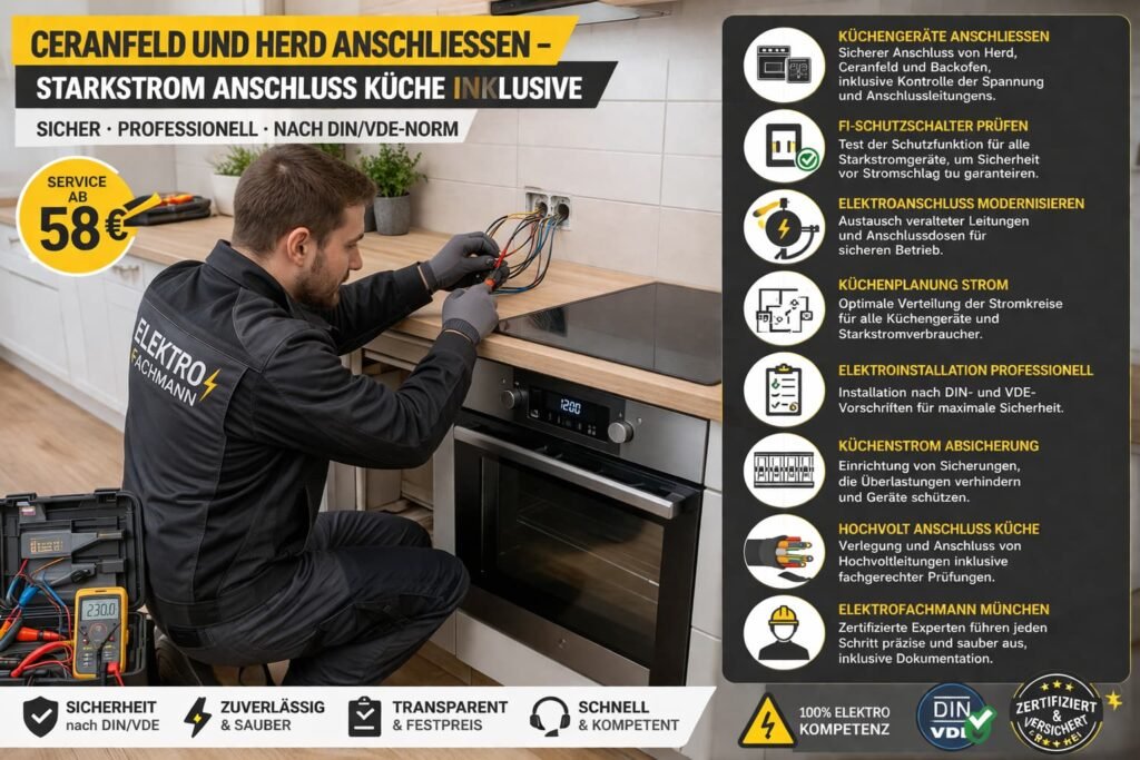 Elektriker schließt Ceranfeld und Herd in moderner Küche fachgerecht an – Starkstrom Anschluss inkl. Installation und Prüfung