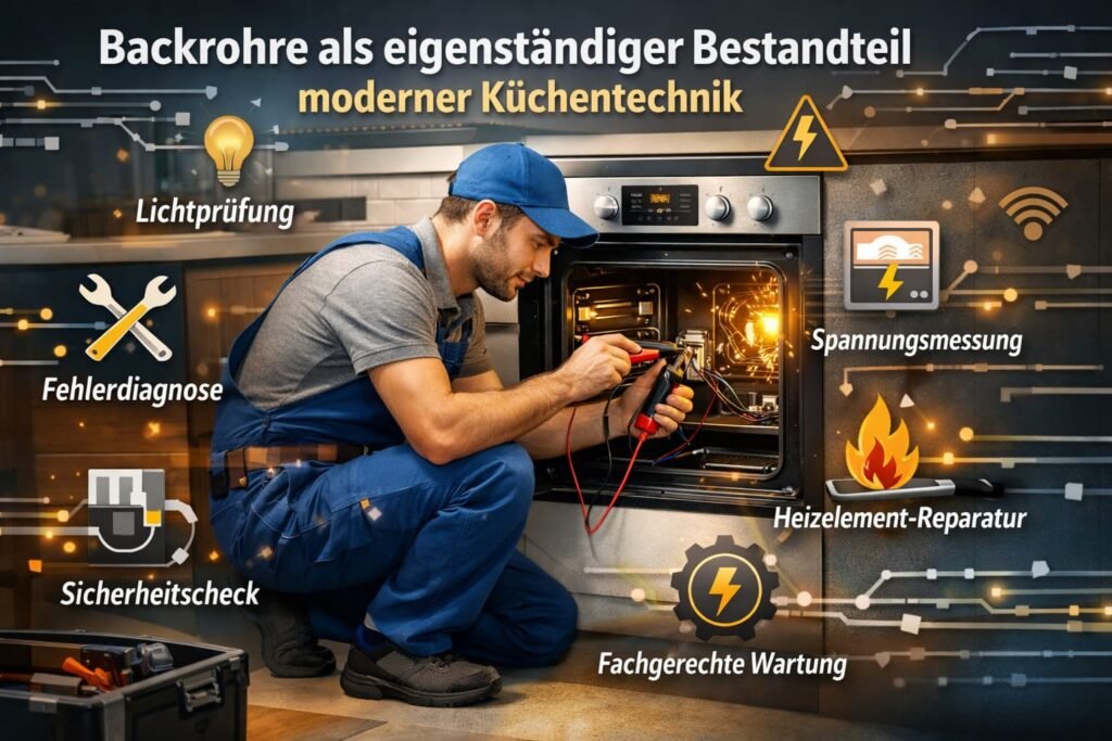 Backofen-Reparatur durch Techniker in moderner Küche mit elektrischen Symbolen und Diagnosewerkzeugen