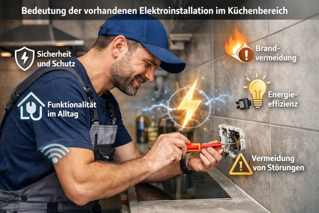 Elektriker repariert Steckdose in moderner Küche mit Symbolen für Sicherheit, Energieeffizienz und Störungsvermeidung