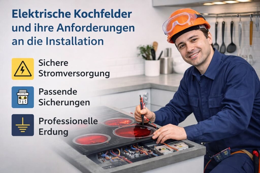 Elektriker installiert ein elektrisches Kochfeld in moderner Küche und prüft die sichere Stromversorgung