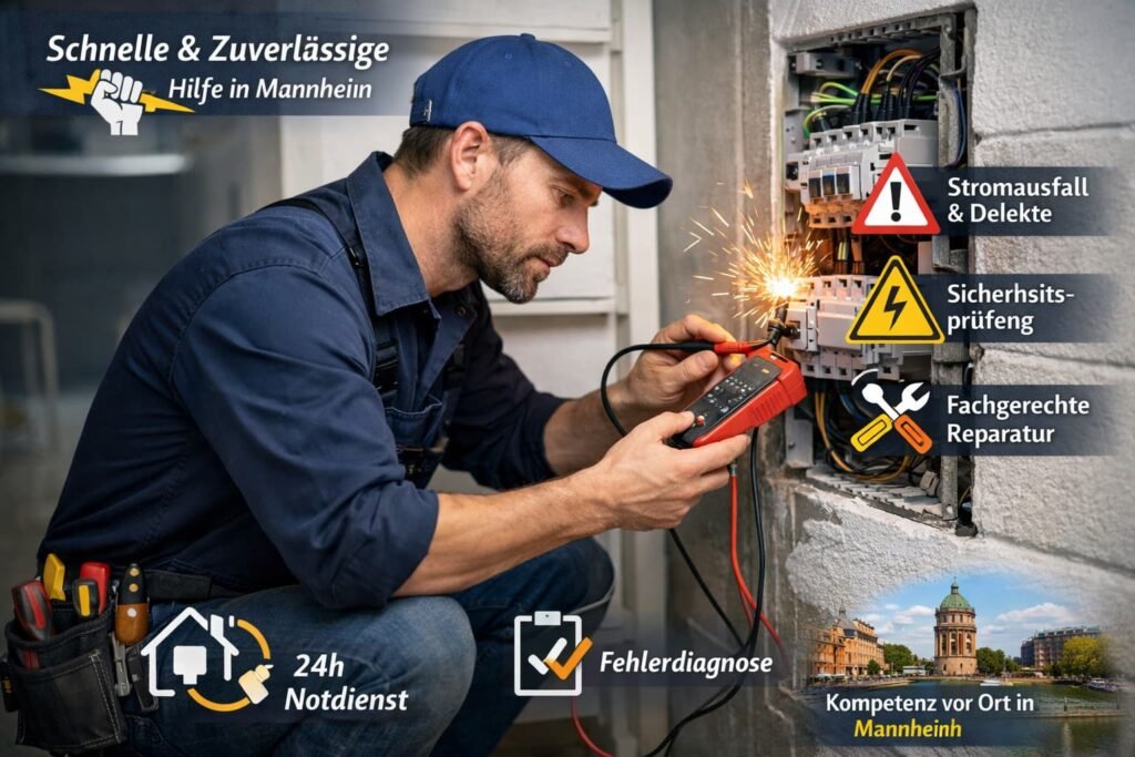 Elektriker in Mannheim bei Reparatur einer Stromstörung mit moderner Messtechnik und Sicherheitsprüfung