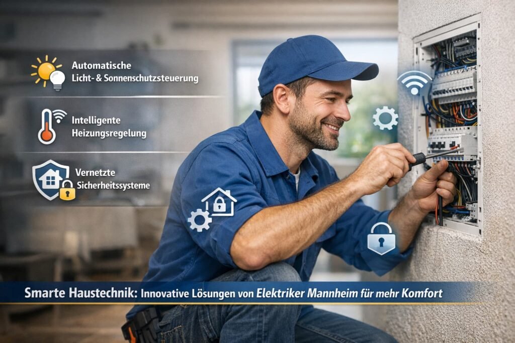Elektriker installiert smarte Haustechnik und optimiert Licht, Heizung und Sicherheitssysteme in modernem Zuhause