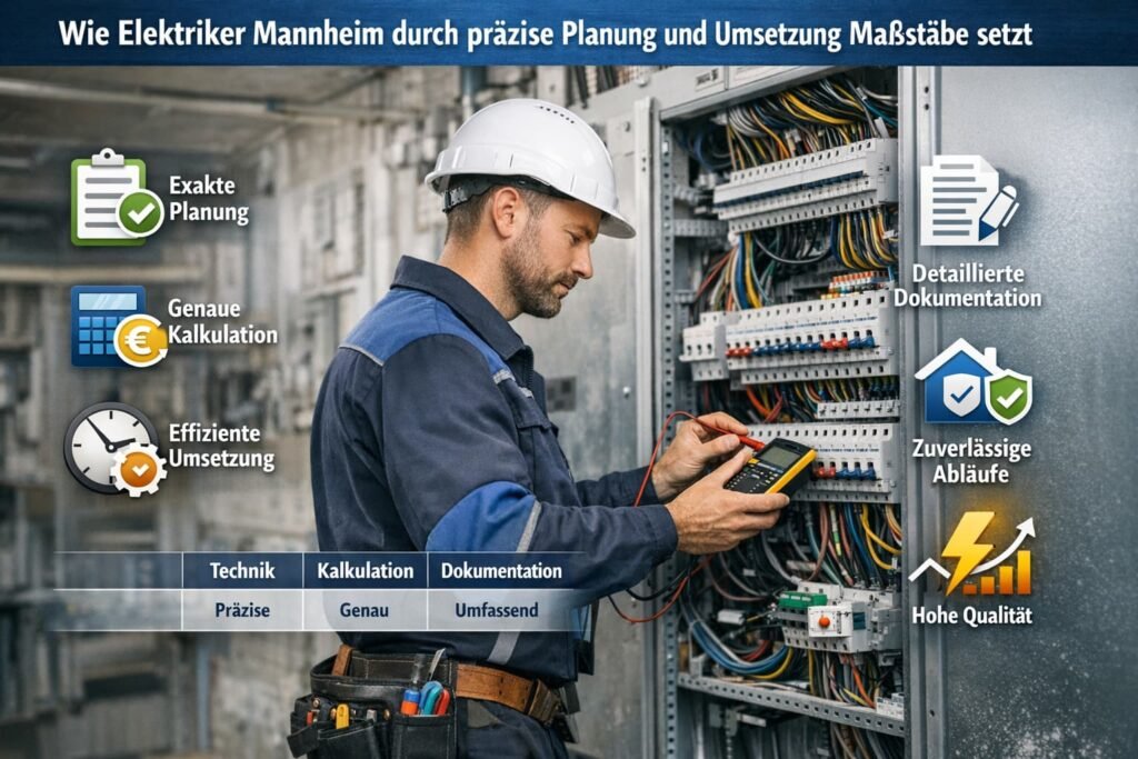 Elektriker in Mannheim bei präziser Arbeit am Schaltschrank mit Planung, Kalkulation und technischer Umsetzung