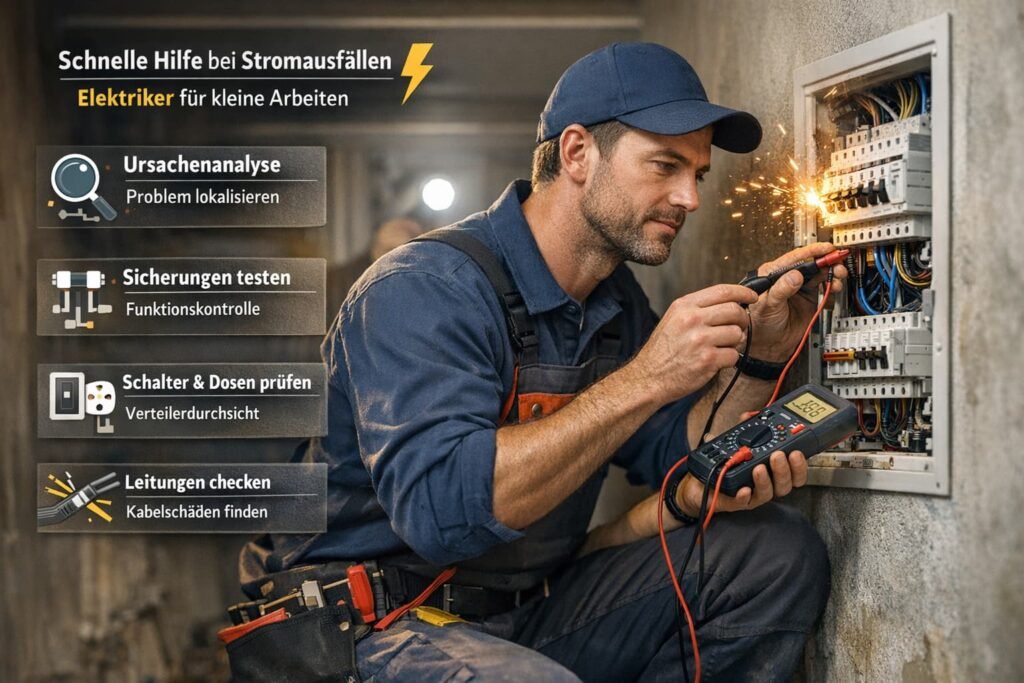 Elektriker prüft Sicherungskasten und behebt Stromausfall schnell und sicher