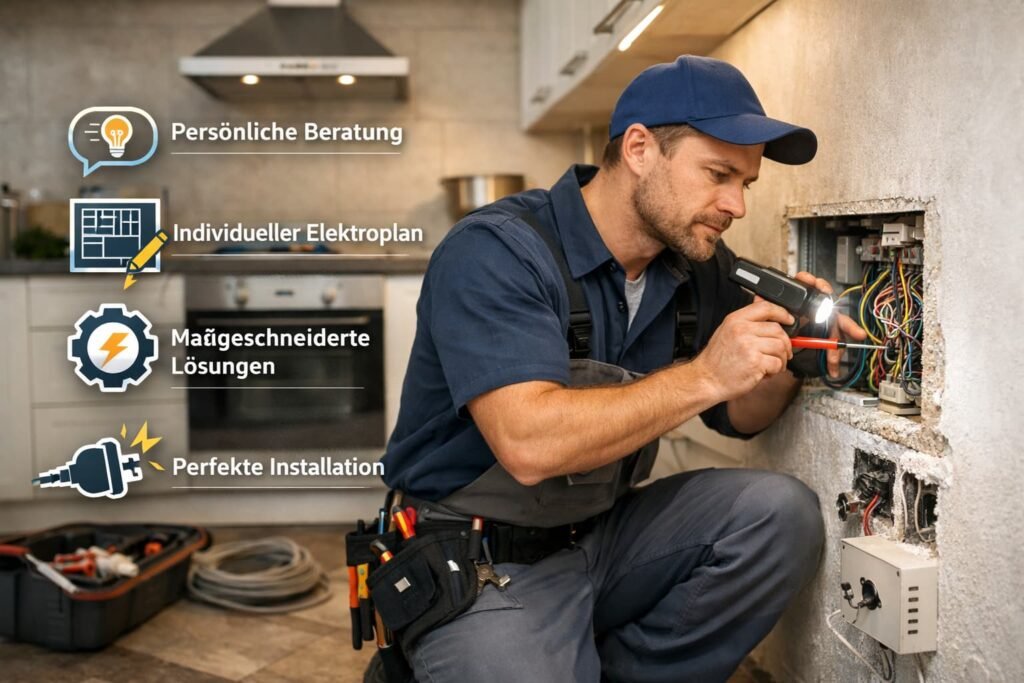 Deutscher Elektriker installiert Küchen-Elektroplan mit individueller Beratung und präziser Umsetzung
