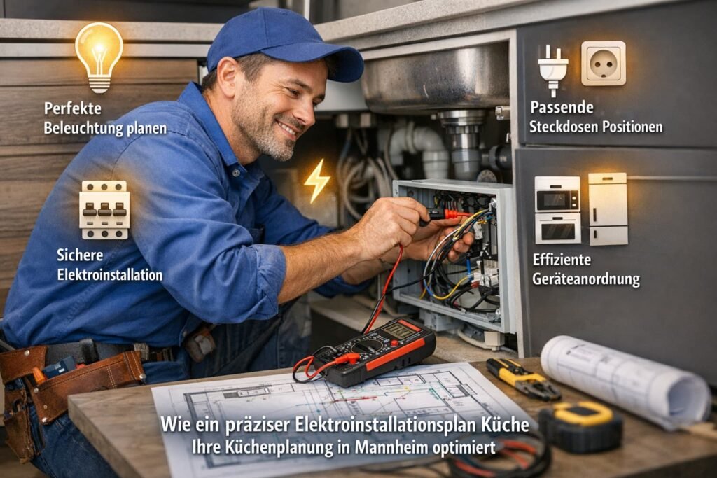 Deutscher Elektriker repariert Küchenverkabelung nach präzisem Elektroinstallationsplan in Mannheim