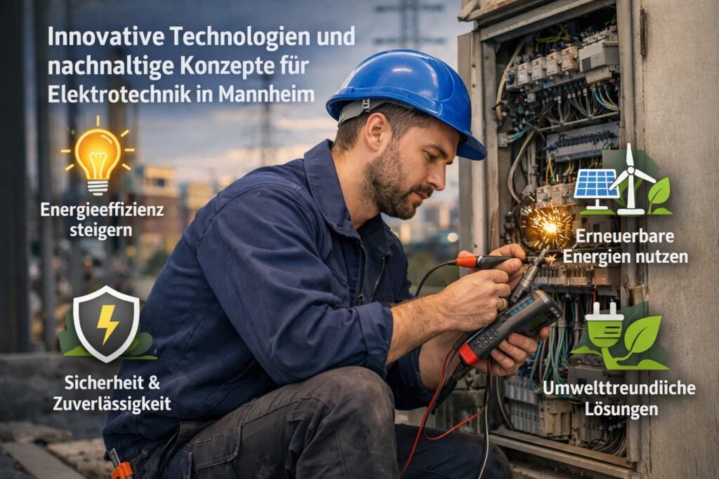 Deutscher Elektriker repariert Schaltschrank in Mannheim mit Fokus auf nachhaltige Elektrotechnik und moderne Energielösungen