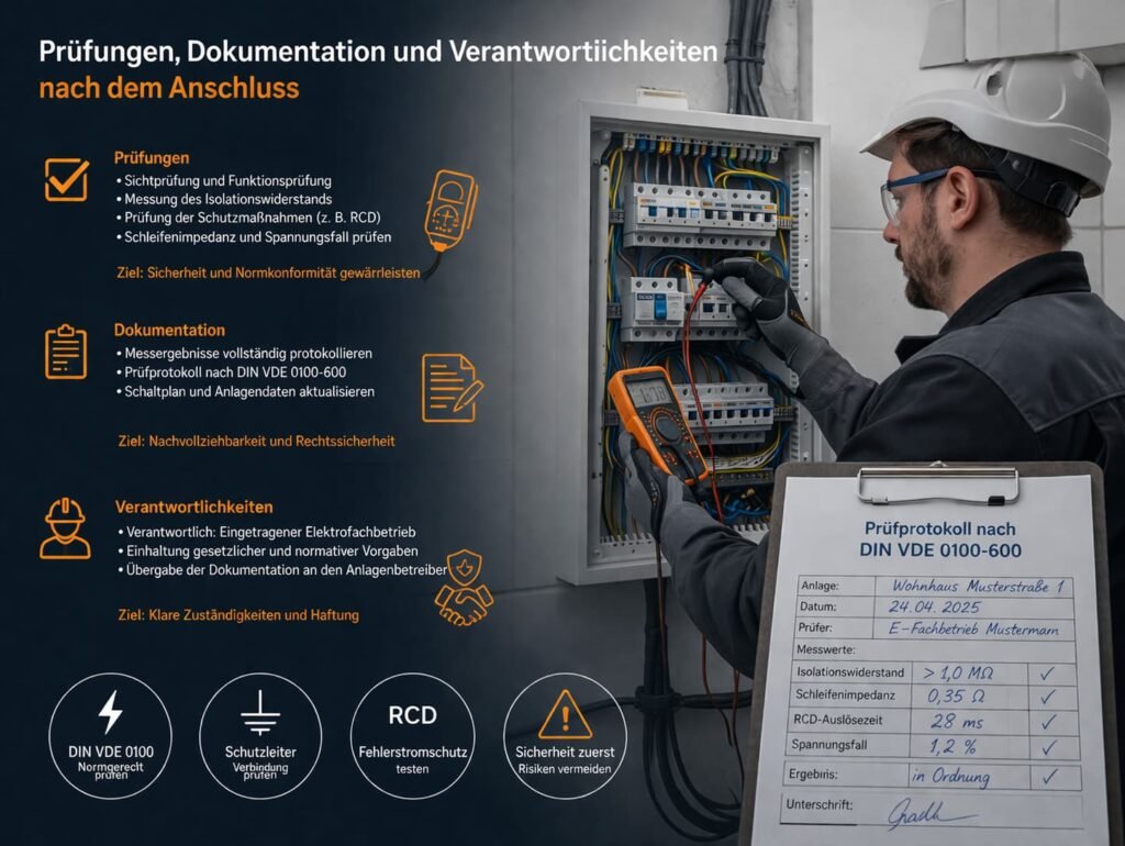 Elektriker prüft Schaltschrank mit Messgerät – Prüfungen, Dokumentation und Verantwortlichkeiten nach dem Anschluss nach DIN VDE Standards
