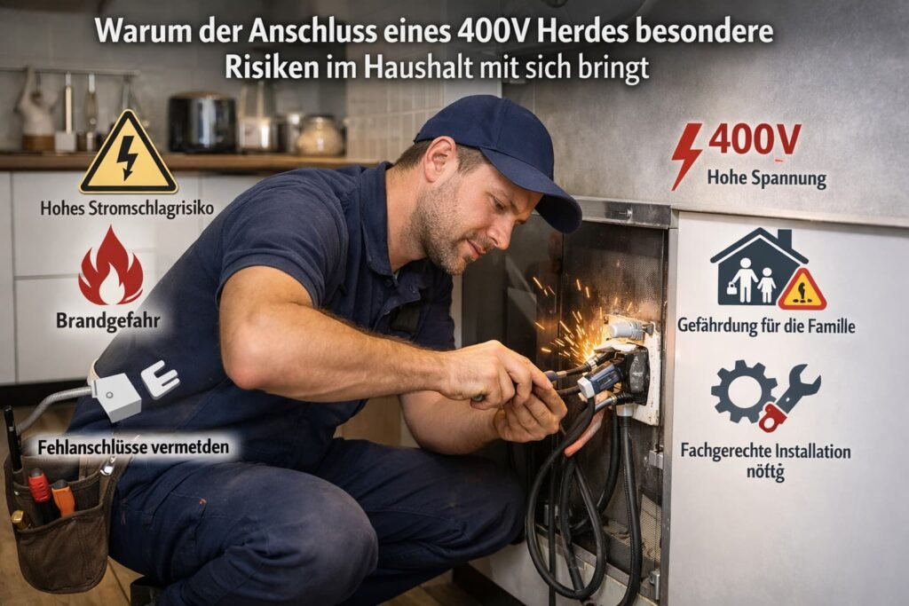 Elektriker installiert einen 400V Herdanschluss in der Küche und zeigt typische Risiken wie Stromschlag und Brandgefahr